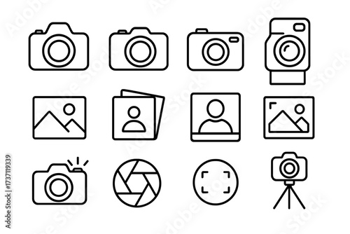 Photo camera outline icon set, editable stroke photography symbols, image gallery and picture frames, photo shoot, aperture, focus, tripod vector collection for infographics and design