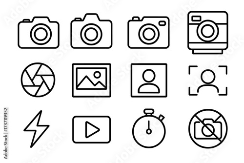 Photo camera and image outline icons collection, editable stroke design, vector cartoon illustration for infographics, articles, books, flyers, banners, digital media, photography symbols set