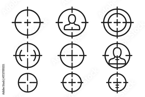 Sniper target and aiming icon collection, editable stroke line art, vector set for infographics, articles, books, flyers, banners, hunting and precision shooting concept design