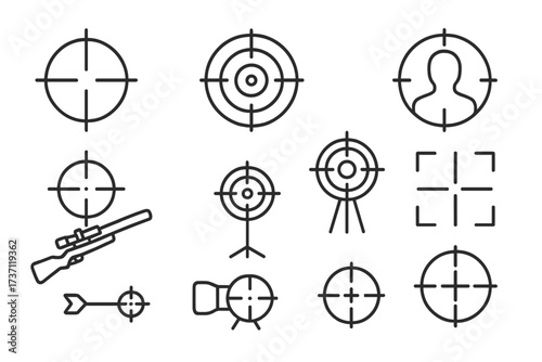 Sniper and Target Line Icon Set, Aim and Precision Symbols Collection, Editable Stroke Vector for Infographics, Articles, Banners, Books, Tactical and Shooting Graphics