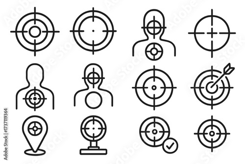 Sniper target and aim icons set, precision shooting symbols, crosshair and bullseye outlines, shooting target collection for infographics, maps, banners, editorial use