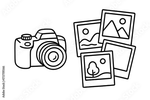 Photo camera with image picture collection icon, editable stroke vector illustration for infographics, articles, books, flyers, banners, creative photography concept