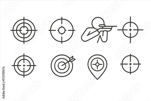 Sniper target and aim icon set, precision shooting crosshair symbols, aiming scope and bullseye vector collection, target location pins, sniper rifle shooter graphic for infographics and designs