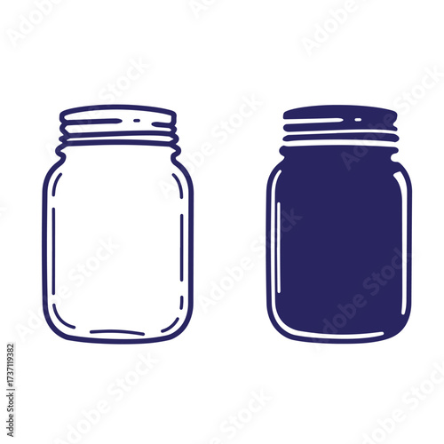 Vector illustration of two mason jars with one outlined and one filled in blue color