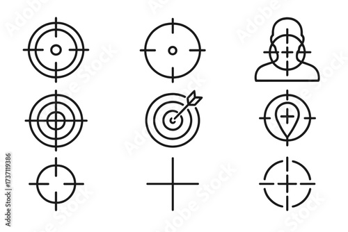 Sniper target and aim icon set, precision crosshair symbols collection with user focus and location marker, editable stroke vector for infographics, banners, books, flyers