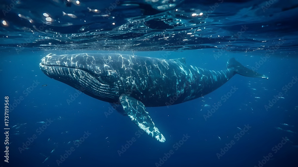 Fototapeta premium Giant humpback whale swimming gracefully in the deep blue ocean near the water's surface