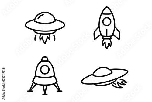 Spaceship Outline Icon Collection with Editable Stroke, Vector Cartoon Illustration of Rockets and UFOs, Perfect for Infographics, Articles, Books, Flyers, Banners, Transparent Background Space Icons