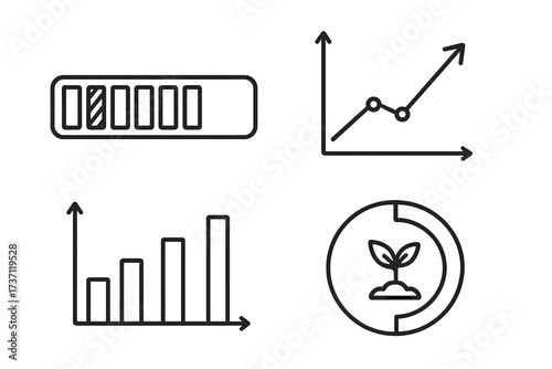 Progress bar and growth chart outline icon set, editable stroke line art, infographic and data visualization symbols, business and eco growth graphs, vector collection for articles and banners