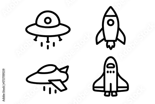 Spaceship outline image collection with editable stroke, perfect for infographics, articles, books, flyers, banners, vector cartoon illustration set with transparent background and futuristic design