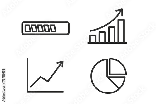 Progress bar and growth diagram outline icons collection, editable stroke vector set for infographics, articles, business reports, flyers, banners, charts, and presentations