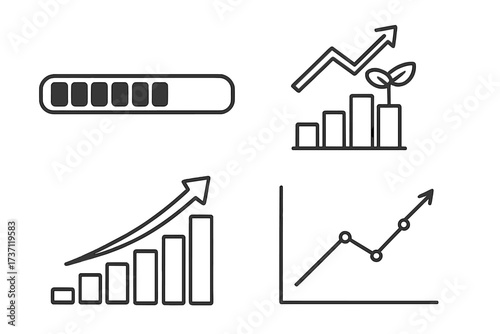 Progress bar and growth diagram outline collection with rising charts, business growth symbols, editable stroke vector, infographic elements for articles, books, flyers, banners