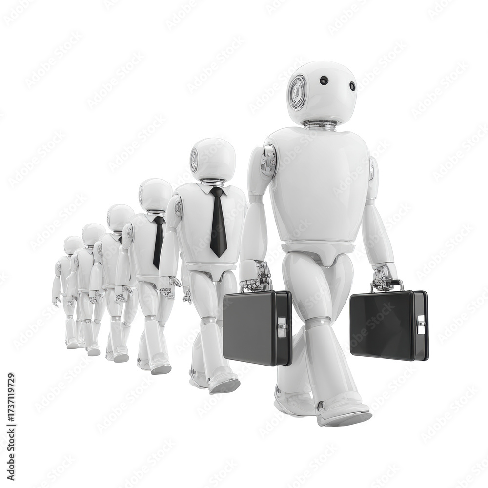Obraz premium Line of White Robotic Professionals in Suits with Briefcases