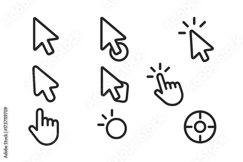Simple editable stroke cursor and pointer icon collection, vector cartoon illustration, perfect for infographics, articles, books, flyers, banners, digital design elements