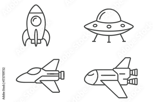 Spaceship outline icon collection, editable stroke design, vector cartoon spacecraft set for infographics, articles, books, flyers, banners, space exploration symbols