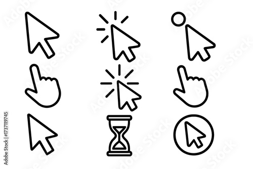 Simple editable stroke cursor and hand icon collection, vector cartoon illustration with transparent background, perfect for infographics, articles, books, flyers, banners, digital design