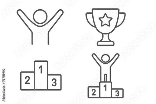 Winner and Pedestal Icons Collection, Outline Linear Style with Trophy and Podium, Victory Celebration Symbols, Editable Stroke Vector Illustration for Web, App, Book Design