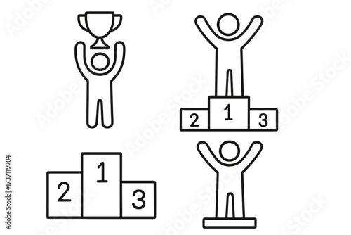 Winner and pedestal icons pack with editable stroke, vector cartoon illustration of champion podium, first place trophy and people celebrating victory, perfect for websites, apps, books, cards