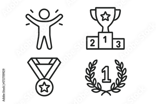 Winner and pedestal line icons set. Victory person celebrating, trophy on podium, medal with star, number one laurel wreath. Editable stroke vector illustrations for web, books, cards, apps