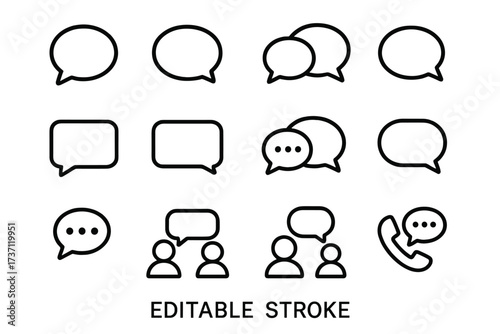Speech Bubble Communication and Dialogue Line Icon Set, Editable Stroke, Vector Cartoon Collection for Infographics, Articles, Books, Flyers, Banners, Chat Symbols, Messaging Concepts