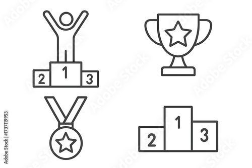Winner and pedestal line icons set for websites, books, cards, and apps, editable stroke vector illustration with trophy, medal, and podium, achievement and success symbols
