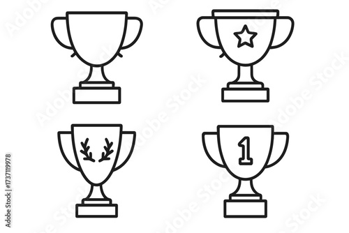 Winning cup outline icon collection with editable stroke for infographics, articles, books, flyers, banners, trophy set with star, laurel, number 1 designs, vector cartoon illustration