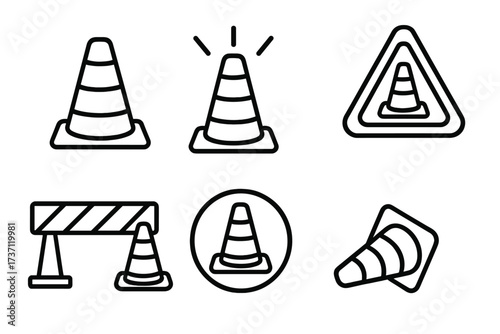 Traffic cone line icon collection, editable stroke vector set with safety cones, warning symbols, construction barricade icons for infographics, articles, banners, flyers