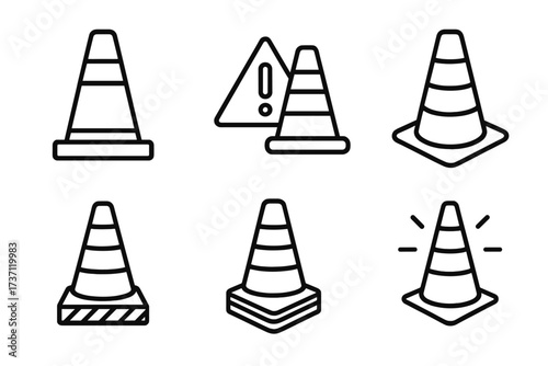Traffic Cone Line Icon Collection, Editable Stroke, Safety Cone Symbols for Infographics, Articles, Books, Flyers, Banners, Vector Cartoon Illustration, Transparent Background