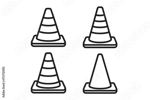 Traffic cone outline icons set with editable stroke for infographics, articles, books, flyers, banners, vector cartoon illustration with transparent background collection