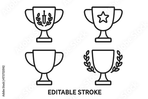 Winning cup trophy icon collection with editable stroke, laurel wreath, star and sword symbols, vector cartoon illustration, perfect for infographics, articles, banners, flyers