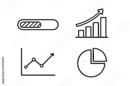 Vector progress bar and growth chart icons set with editable stroke for infographics, business reports, analytics, presentation graphics, pie chart and line diagram symbols