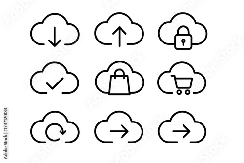 Cloud computing outline icon set. Data storage, download, upload, sync icons. Web security lock, e-commerce shopping cart. Thin line vector collection for UI, UX, and app interface.