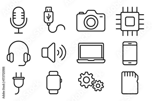 Microphone USB cable camera chip icons collection. Editable stroke technology outline vector set for infographics, articles, flyers, banners. Digital device symbols pack.