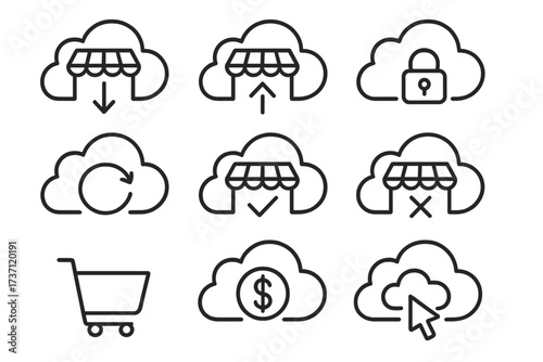 Cloud computing and e-commerce outline icon set. Vector collection for online store, data storage, secure lock, payment, and shopping cart. Editable stroke line icons.