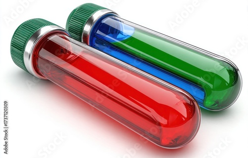 Two glass test tubes with colorful liquids, closed with green caps, on a white background