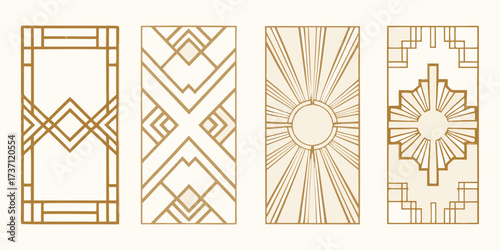 Collection of four art deco geometric decorative panels with golden lines on cream background