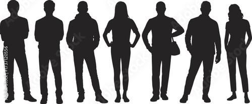 Silhouette of diverse group of people standing, men and women full body outline, casual fashion, modern society, teamwork concept illustration