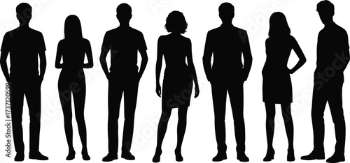 Silhouette of diverse men and women standing together, full body outline, casual and formal posture, fashion model figures, isolated illustration