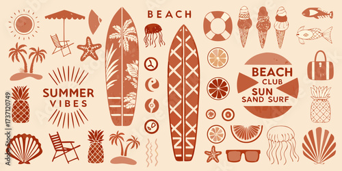 Collection of summer beach icons and illustrations with tropical and coastal elements