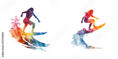 abstract color silhouette of surfer watercolor vector illustration