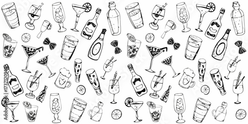 Collection of hand drawn black and white cocktail and drink illustrations in a repeating pattern