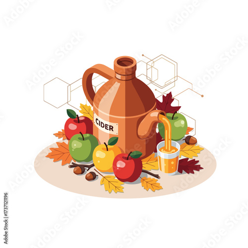 Autumn Cider Jug Pouring Fresh Apple Beverage with Fall Harvest Elements.