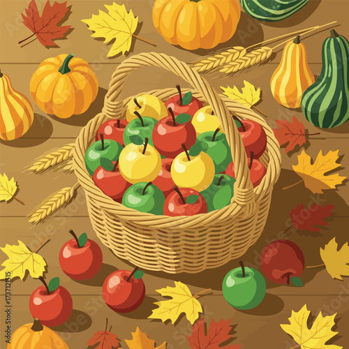 Autumn Harvest Wicker Basket Overflowing with Colorful Apples and Fall Foliage.