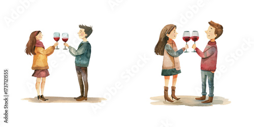 couple cheers red wine watercolor vector illustration