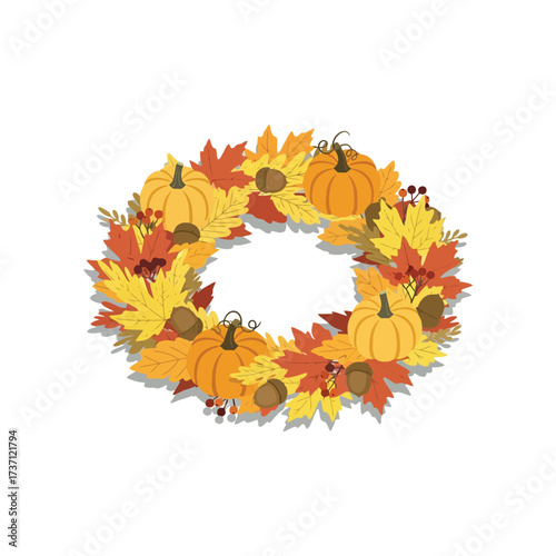 Autumn Wreath Decoration with Pumpkins and Fall Leaves.