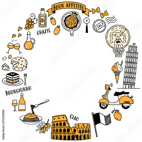 Simple and cute illustration frame about Italy (black and yellow)