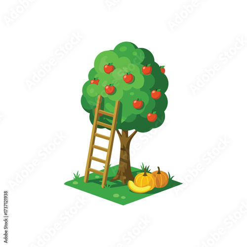 Cartoon apple tree with red apples and a wooden ladder.