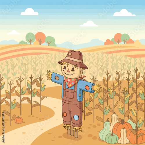 Charming cartoon scarecrow character in a field.