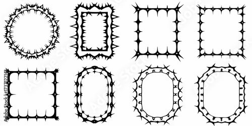Collection of eight decorative black and white frames with sharp spiky edges in various shapes