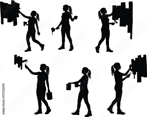 Silhouette of woman painting wall with roller and brush, female worker doing home renovation, construction repair, DIY project, interior decoration.
