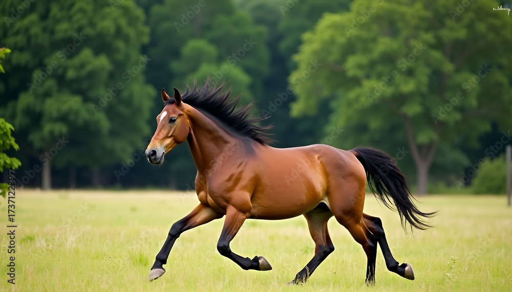 Fototapeta premium Brown horse galloping through a grassy field with trees in the background black mane black tail